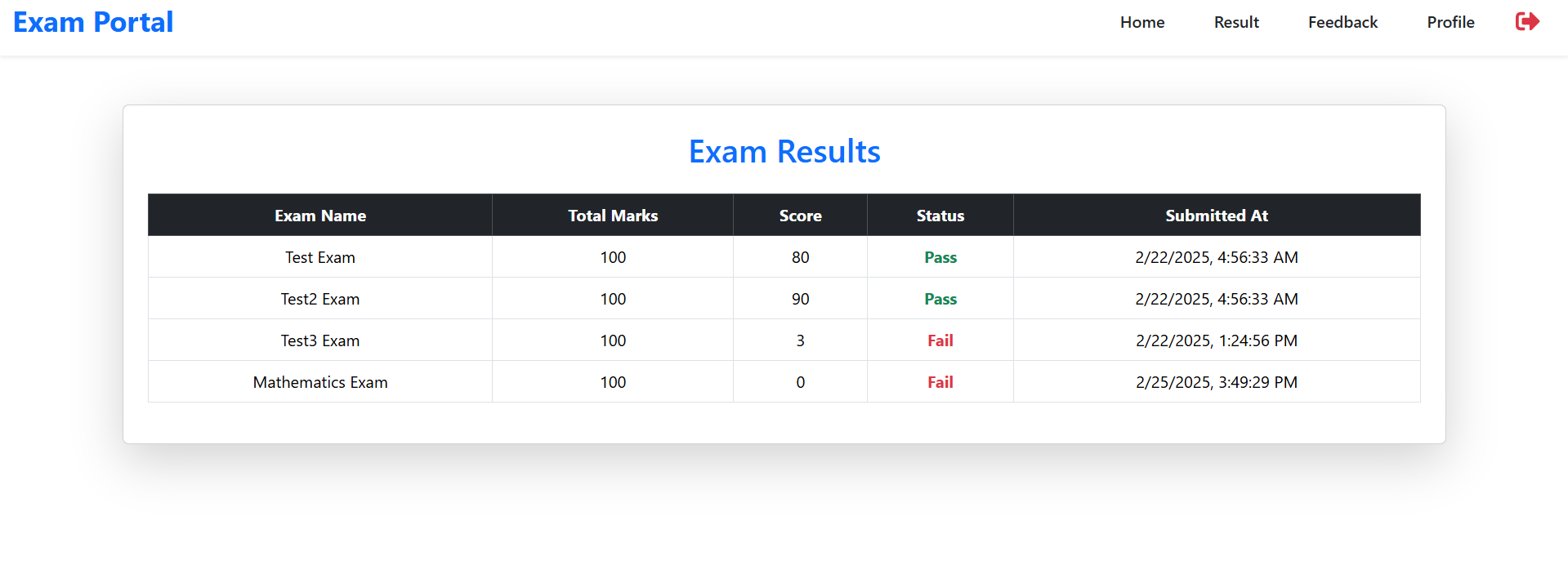 Student Exam Result Page